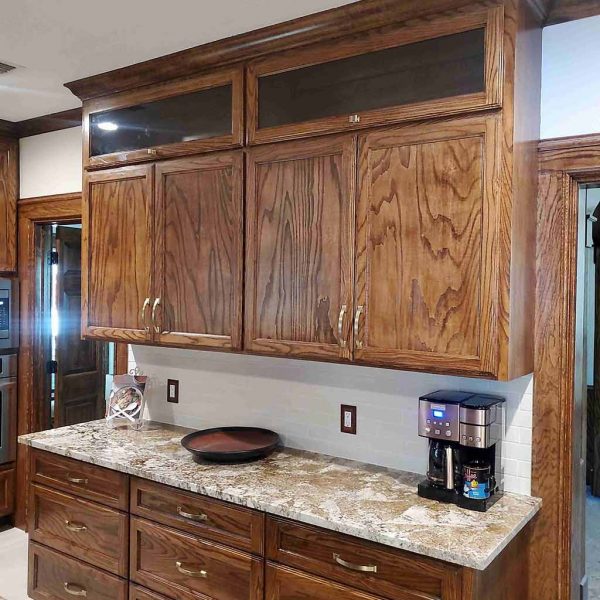 A wooden shelves in the kitchen area