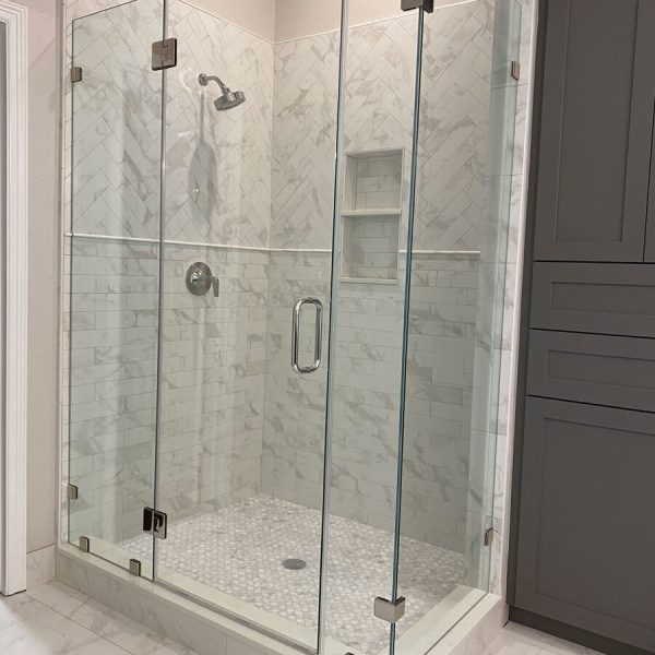 A glass shower door